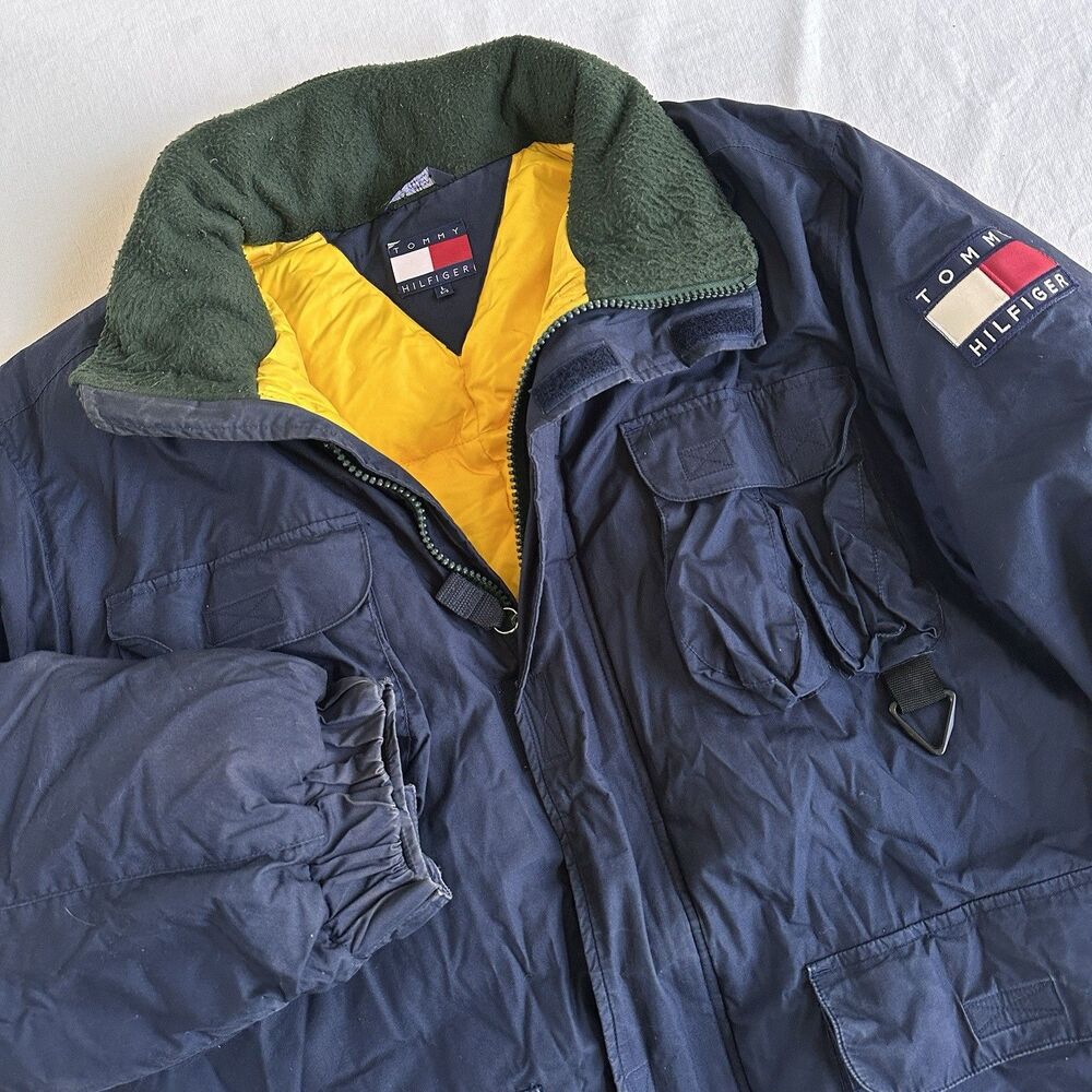 VINTAGE 90s Tommy Hilfiger Mens L Puffer Coat Down Flag Full Zip Winter Heavy